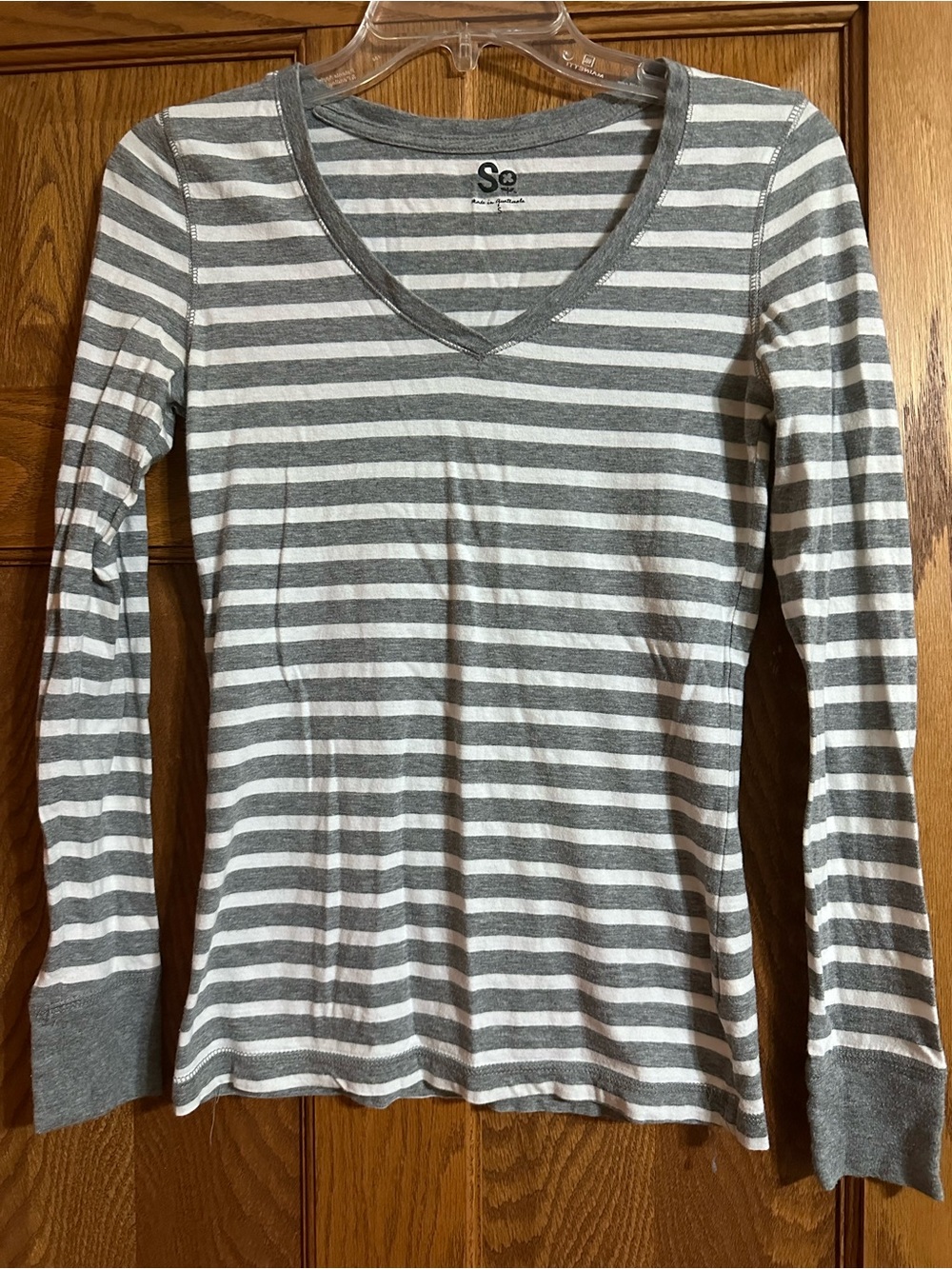 SO Gray and White Striped V-Neck Long Sleeve Top
